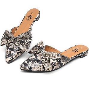 ✖️POINTY MULE SNAKE PRINTED BOW WOMANS FLAT SHOE *NEW*